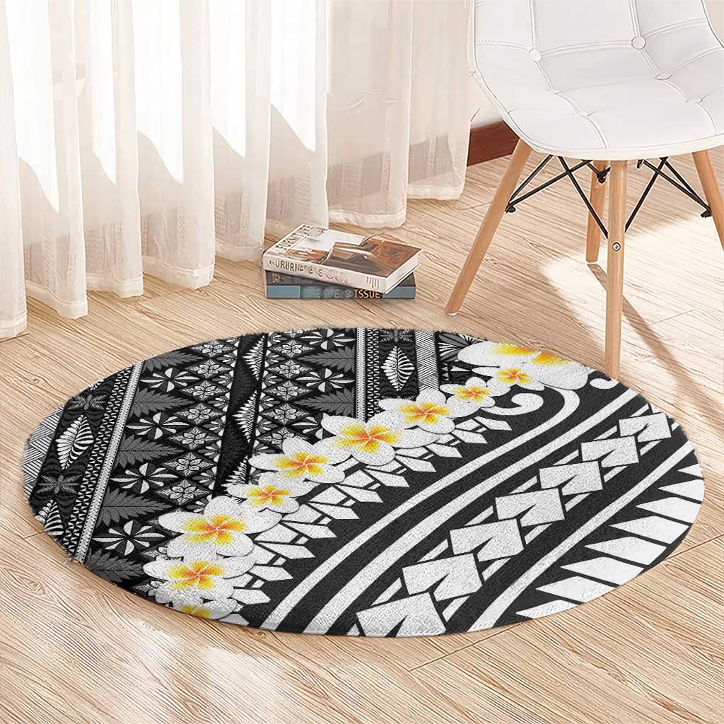 Black Vintage Tonga Ngatu Pattern With Plumeria Round Carpet LT05 - Polynesian Pride