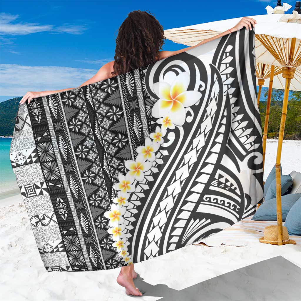 Black Vintage Tonga Ngatu Pattern With Plumeria Sarong LT05 One Size 44 x 66 inches Black - Polynesian Pride