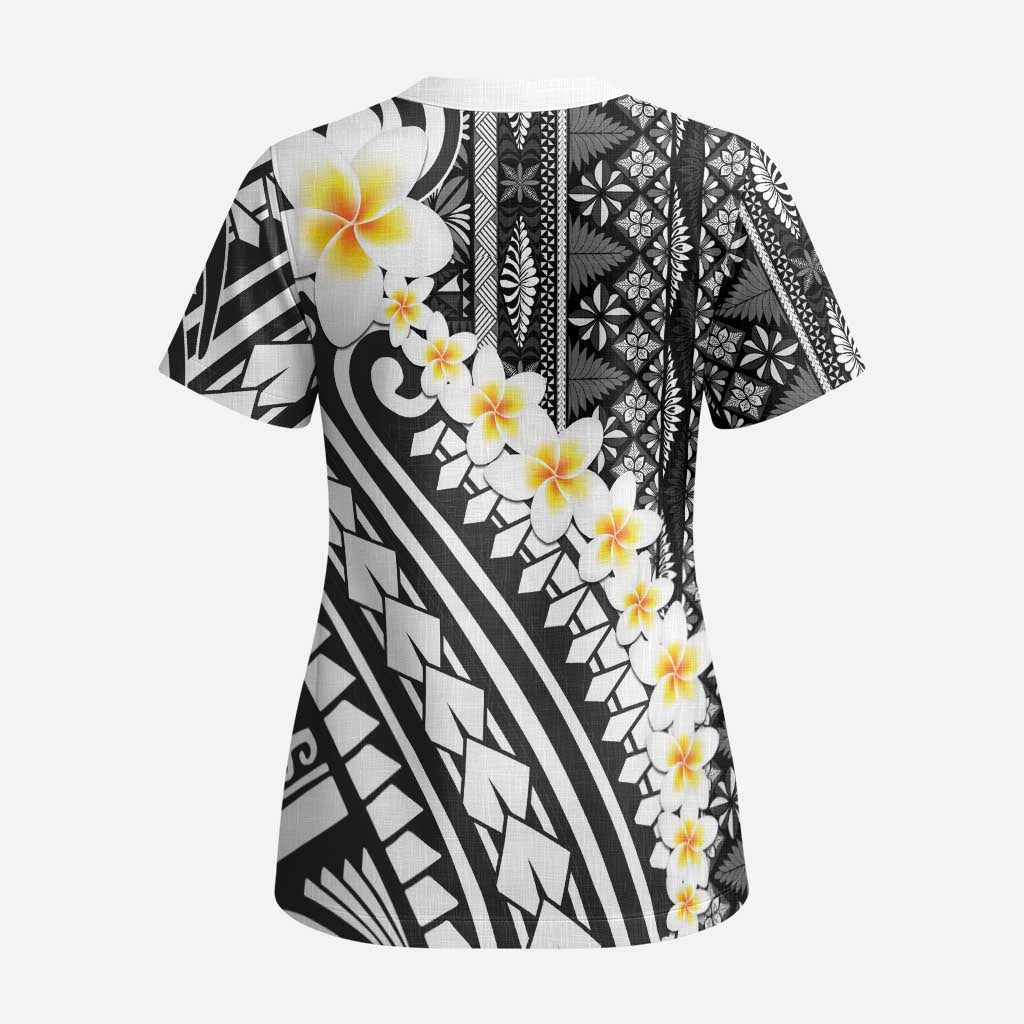 Black Vintage Tonga Ngatu Pattern With Plumeria Scrub Top LT05 - Polynesian Pride