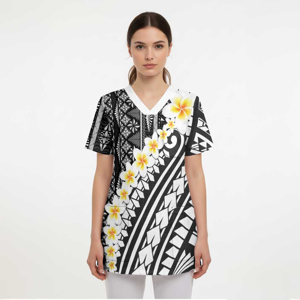 Black Vintage Tonga Ngatu Pattern With Plumeria Scrub Top LT05 - Polynesian Pride