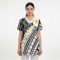 Black Vintage Tonga Ngatu Pattern With Plumeria Scrub Top LT05 - Polynesian Pride