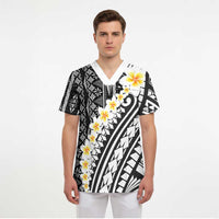 Black Vintage Tonga Ngatu Pattern With Plumeria Scrub Top LT05 - Polynesian Pride