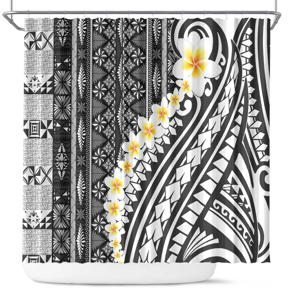 Black Vintage Tonga Ngatu Pattern With Plumeria Shower Curtain LT05 Black - Polynesian Pride