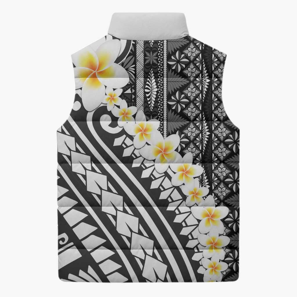 Black Vintage Tonga Ngatu Pattern With Plumeria Sleeveless Puffer Jacket LT05 - Polynesian Pride