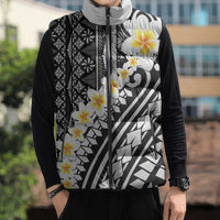 Black Vintage Tonga Ngatu Pattern With Plumeria Sleeveless Puffer Jacket LT05 - Polynesian Pride