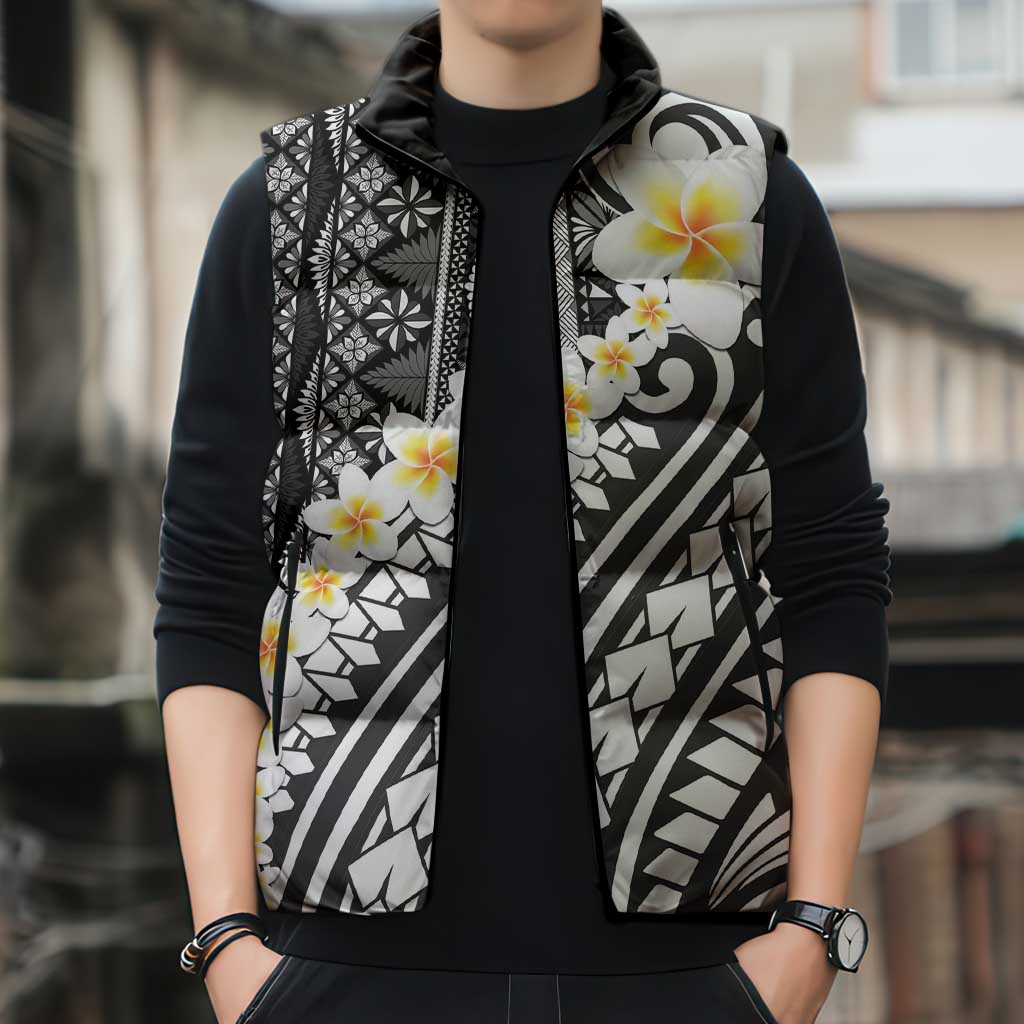 Black Vintage Tonga Ngatu Pattern With Plumeria Sleeveless Puffer Jacket LT05 - Polynesian Pride