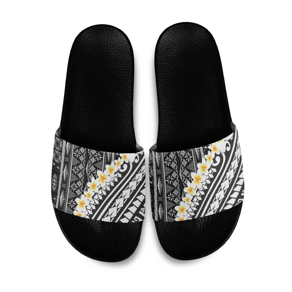 Black Vintage Tonga Ngatu Pattern With Plumeria Slide Sandals LT05 Black - Polynesian Pride