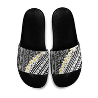 Black Vintage Tonga Ngatu Pattern With Plumeria Slide Sandals LT05 Black - Polynesian Pride