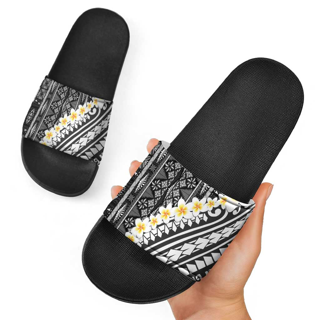Black Vintage Tonga Ngatu Pattern With Plumeria Slide Sandals LT05 - Polynesian Pride