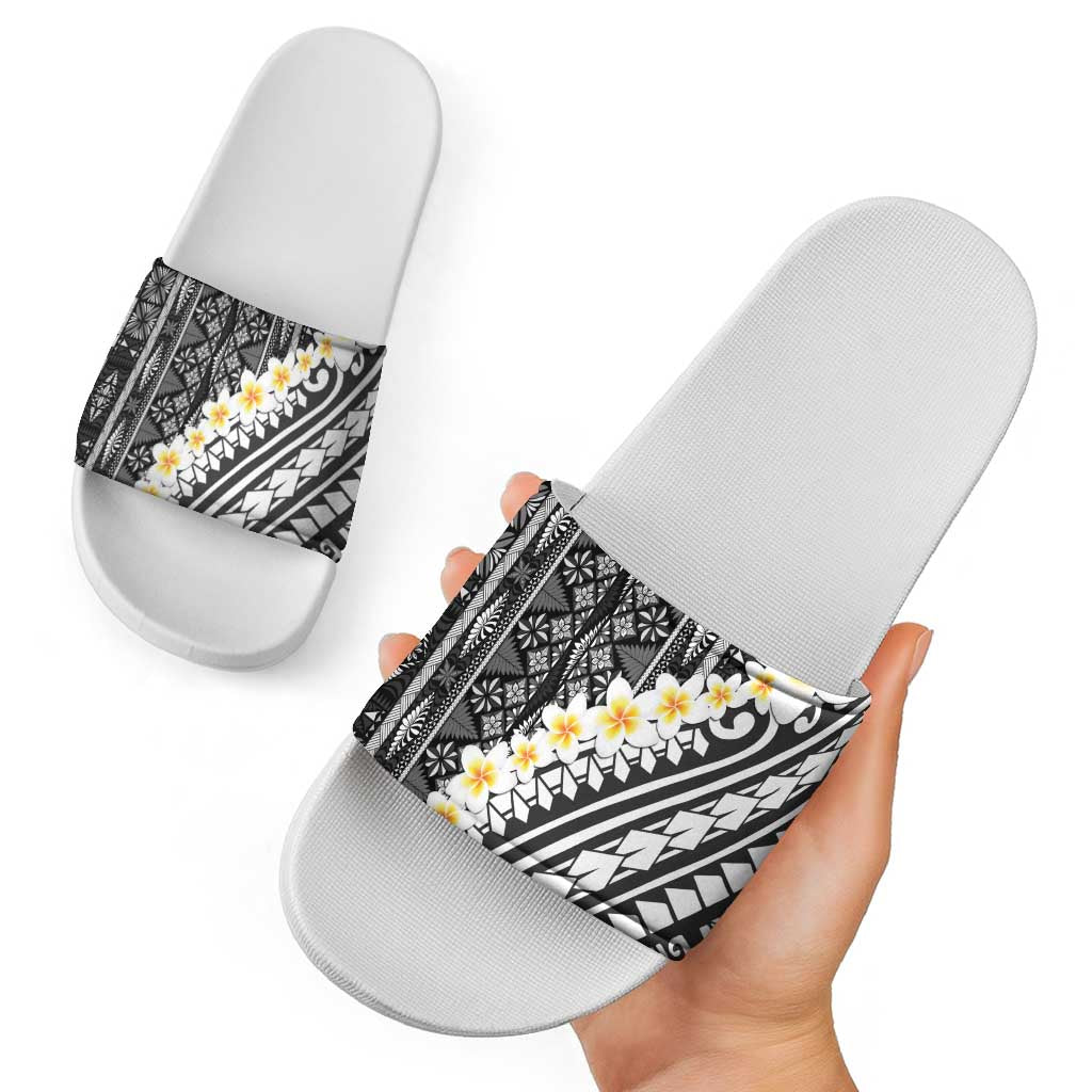 Black Vintage Tonga Ngatu Pattern With Plumeria Slide Sandals LT05 - Polynesian Pride