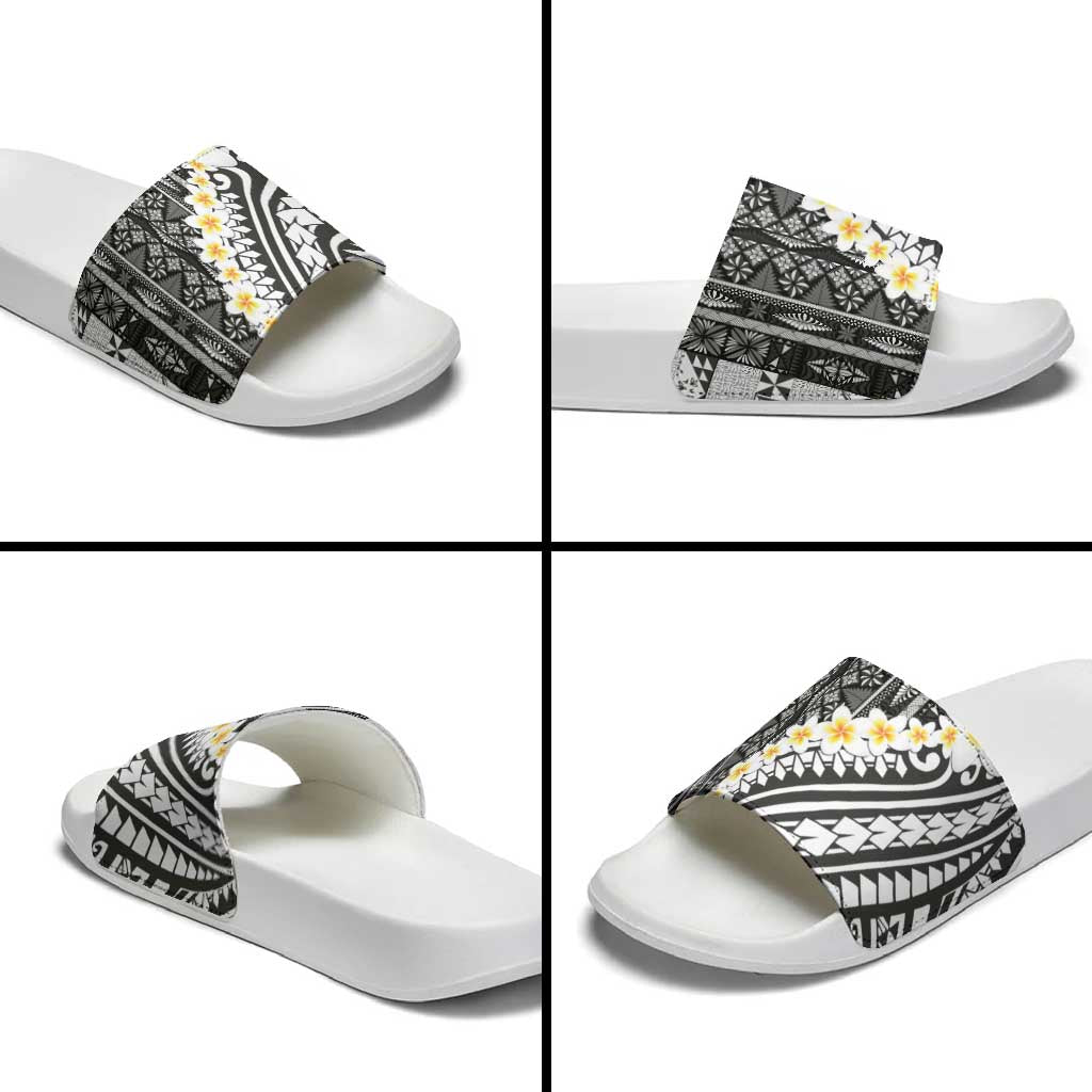 Black Vintage Tonga Ngatu Pattern With Plumeria Slide Sandals LT05 - Polynesian Pride