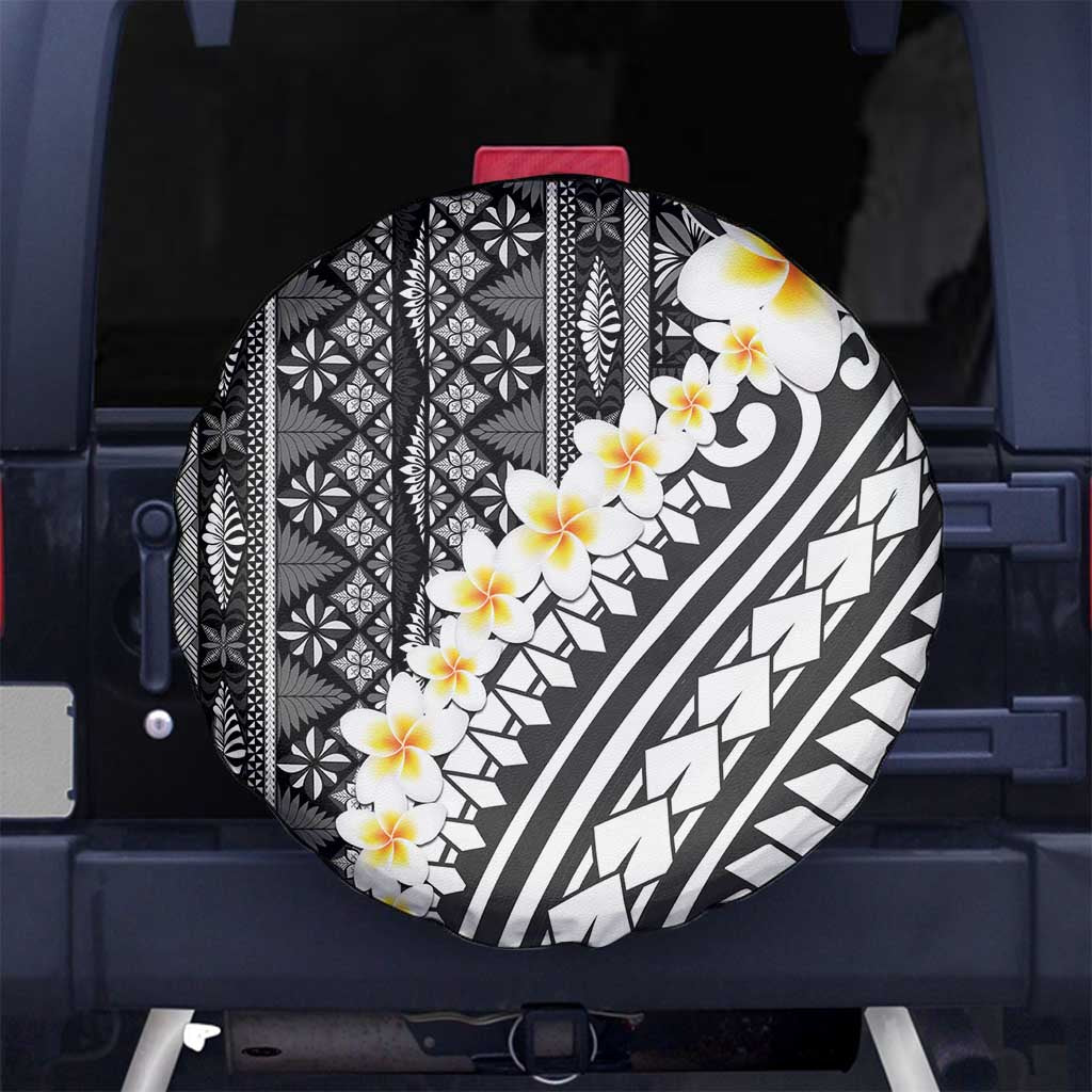 Black Vintage Tonga Ngatu Pattern With Plumeria Spare Tire Cover LT05 No hole Black - Polynesian Pride