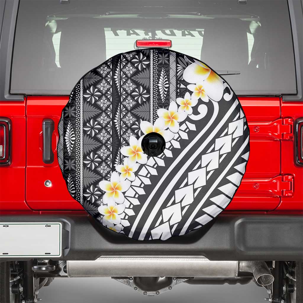 Black Vintage Tonga Ngatu Pattern With Plumeria Spare Tire Cover LT05 - Polynesian Pride