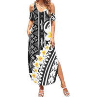 Black Vintage Tonga Ngatu Pattern With Plumeria Summer Maxi Dress LT05 Women Black - Polynesian Pride