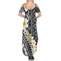 Black Vintage Tonga Ngatu Pattern With Plumeria Summer Maxi Dress LT05 - Polynesian Pride