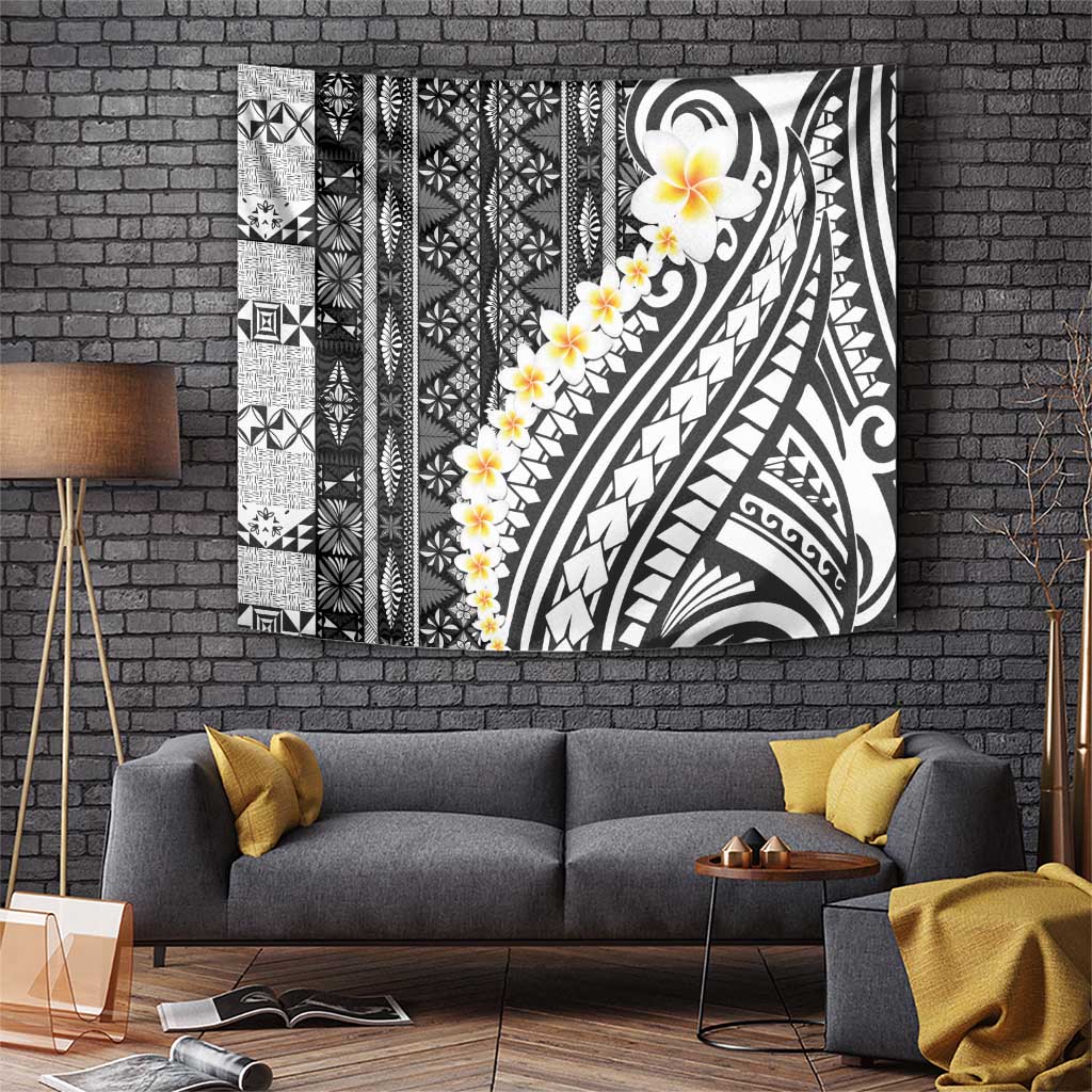 Black Vintage Tonga Ngatu Pattern With Plumeria Tapestry LT05 Black - Polynesian Pride