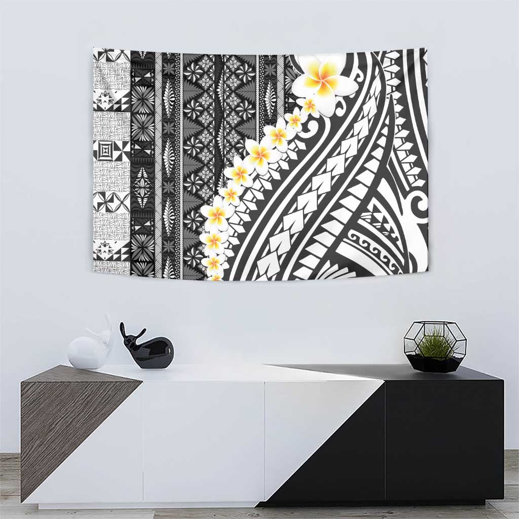 Black Vintage Tonga Ngatu Pattern With Plumeria Tapestry LT05 - Polynesian Pride