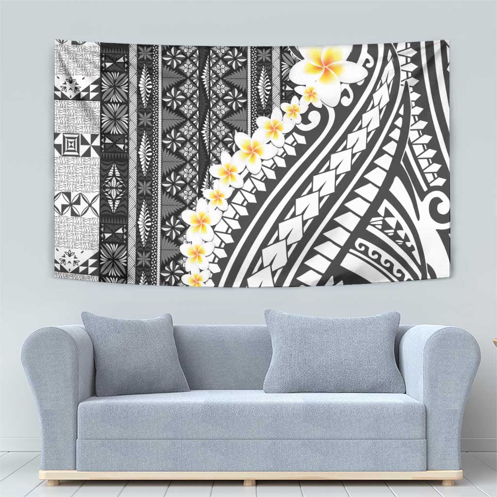 Black Vintage Tonga Ngatu Pattern With Plumeria Tapestry LT05 - Polynesian Pride