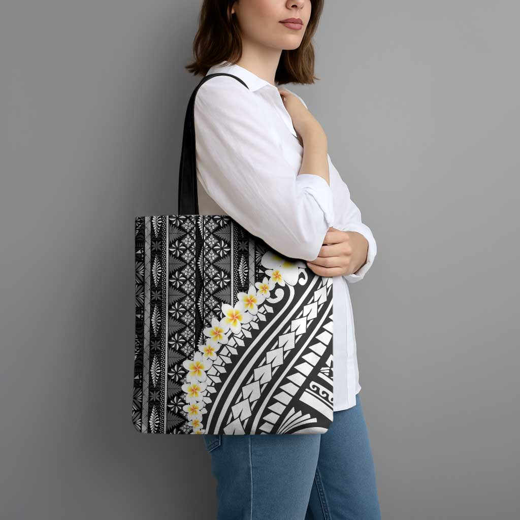 Black Vintage Tonga Ngatu Pattern With Plumeria Tote Bag LT05 - Polynesian Pride