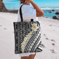 Black Vintage Tonga Ngatu Pattern With Plumeria Tote Bag LT05 - Polynesian Pride