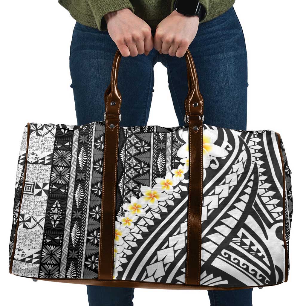 Black Vintage Tonga Ngatu Pattern With Plumeria Travel Bag LT05 Black - Polynesian Pride