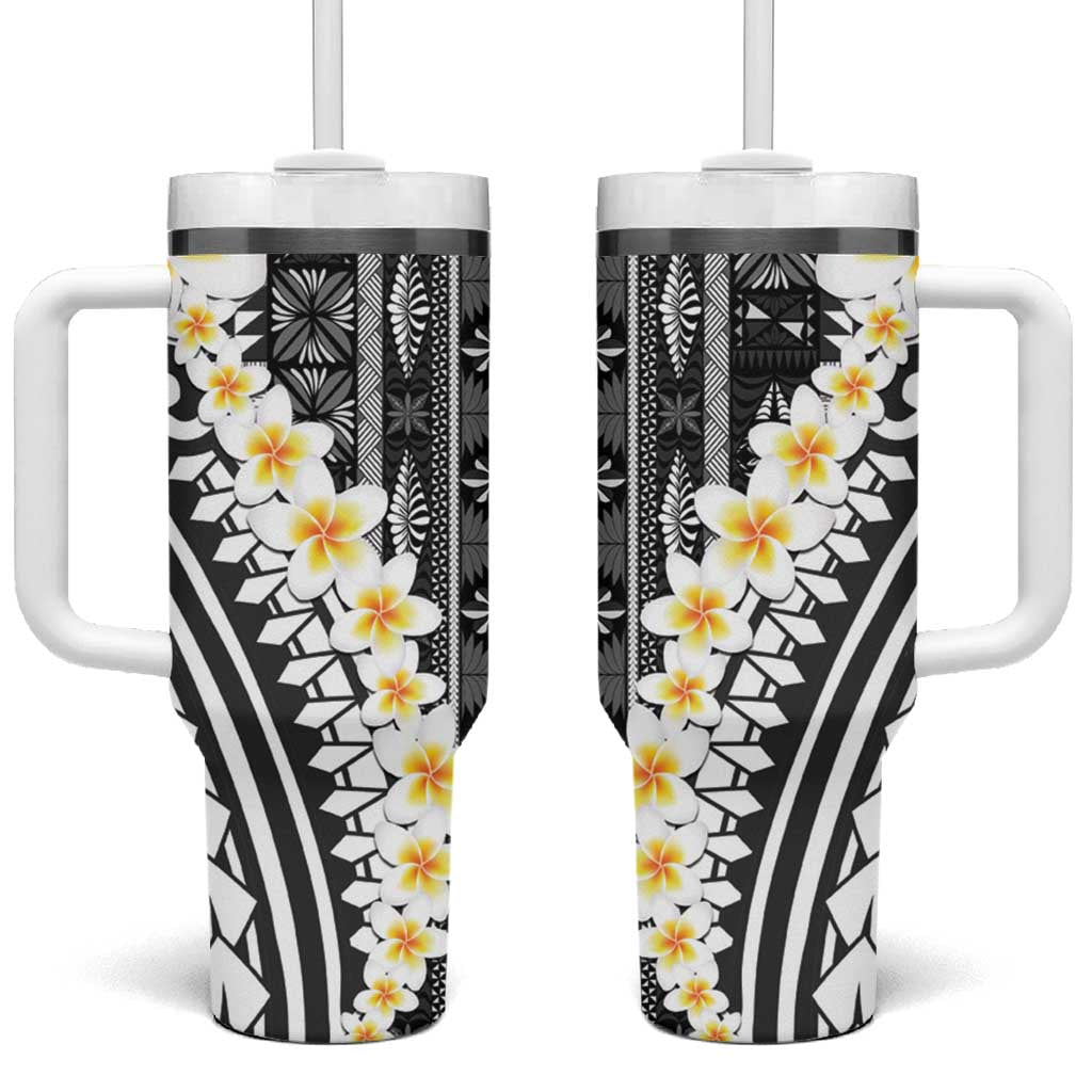 Black Vintage Tonga Ngatu Pattern With Plumeria Tumbler With Handle LT05 One Size: 40 oz Black - Polynesian Pride