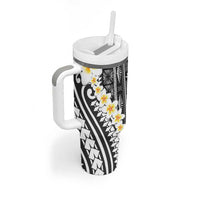 Black Vintage Tonga Ngatu Pattern With Plumeria Tumbler With Handle LT05 - Polynesian Pride