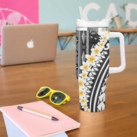 Black Vintage Tonga Ngatu Pattern With Plumeria Tumbler With Handle LT05 - Polynesian Pride