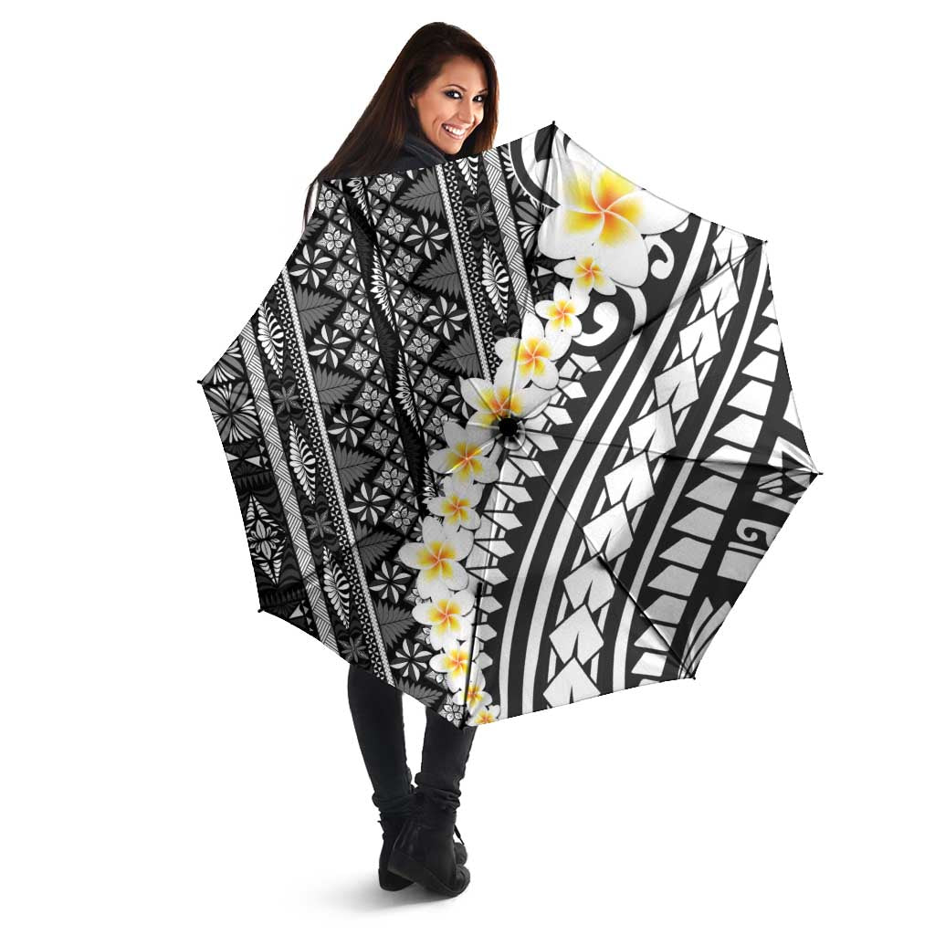 Black Vintage Tonga Ngatu Pattern With Plumeria Umbrella LT05 - Polynesian Pride
