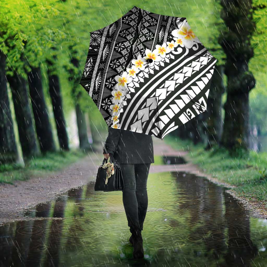 Black Vintage Tonga Ngatu Pattern With Plumeria Umbrella LT05 - Polynesian Pride