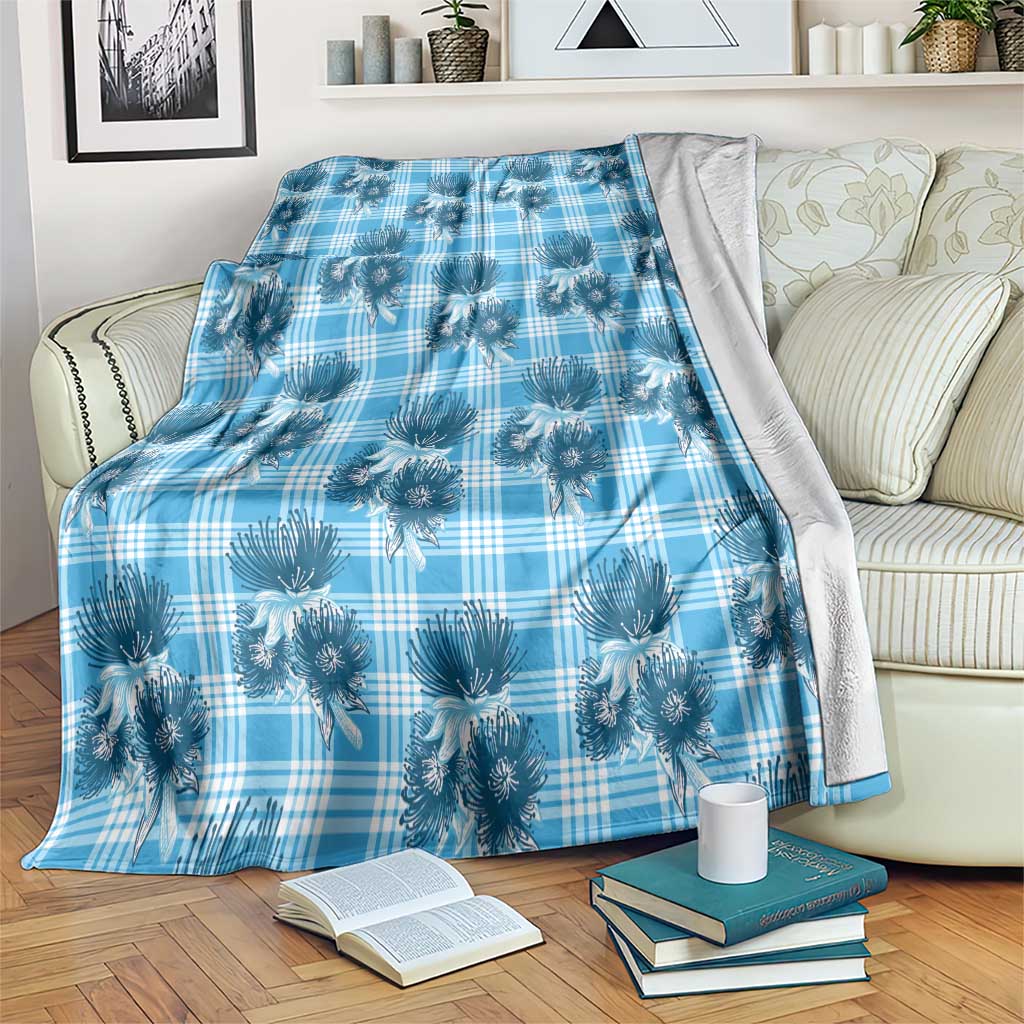 Blue Palaka Hawaii Blanket Hawaiian Lehua Blossoms LT05 Blue - Polynesian Pride