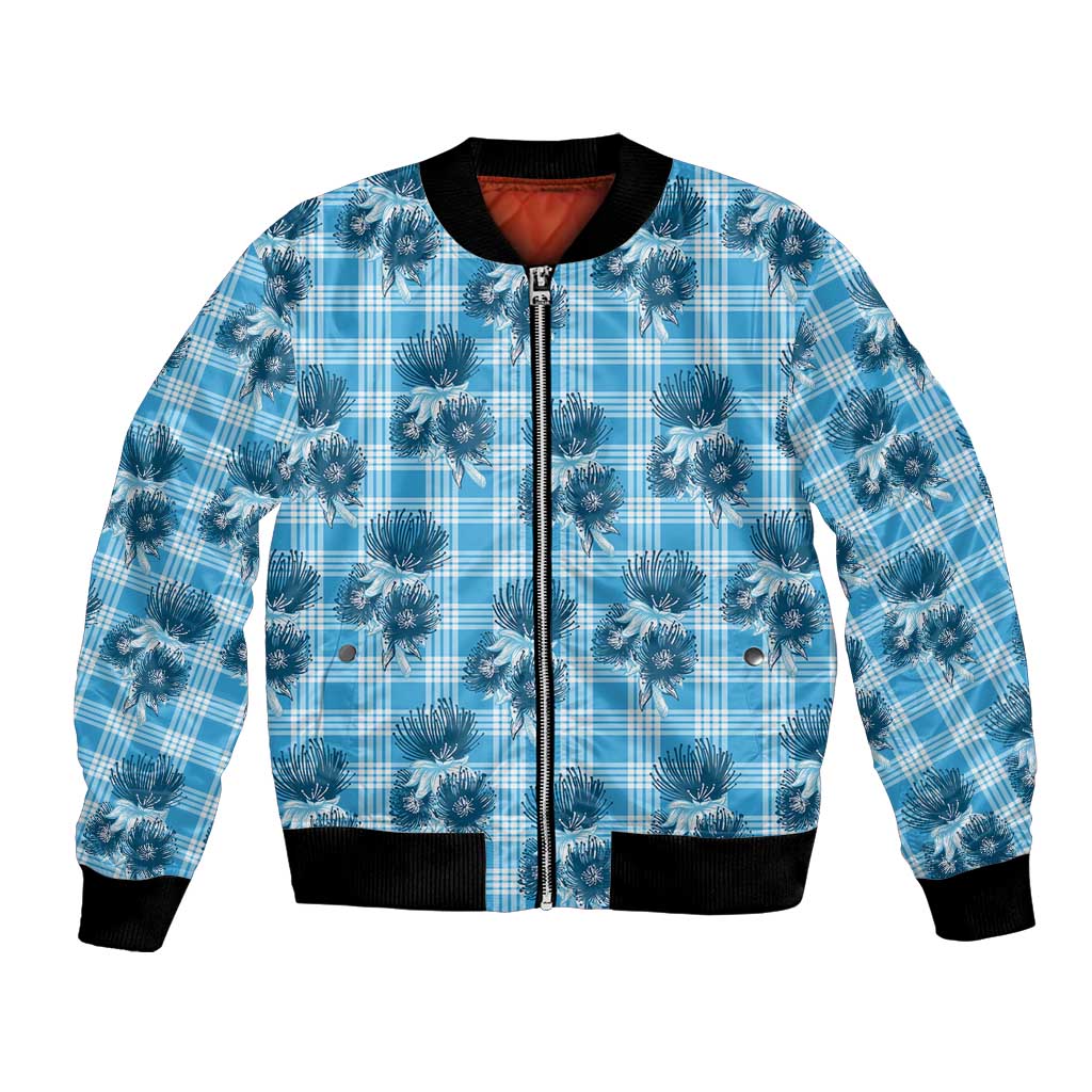Blue Palaka Hawaii Bomber Jacket Hawaiian Lehua Blossoms LT05 Unisex Blue - Polynesian Pride