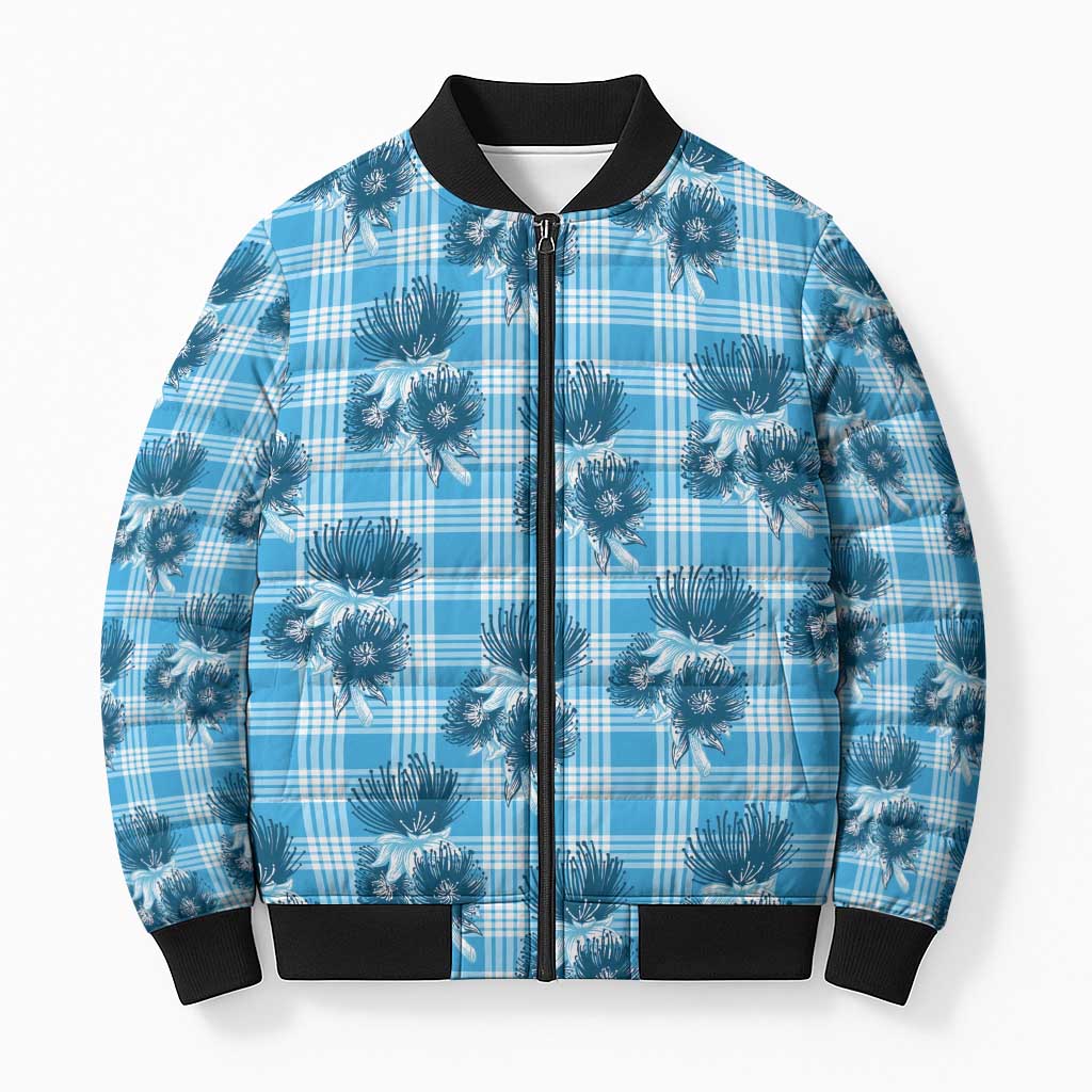 Blue Palaka Hawaii Bomber Puffer Jacket Hawaiian Lehua Blossoms LT05 Unisex Blue - Polynesian Pride