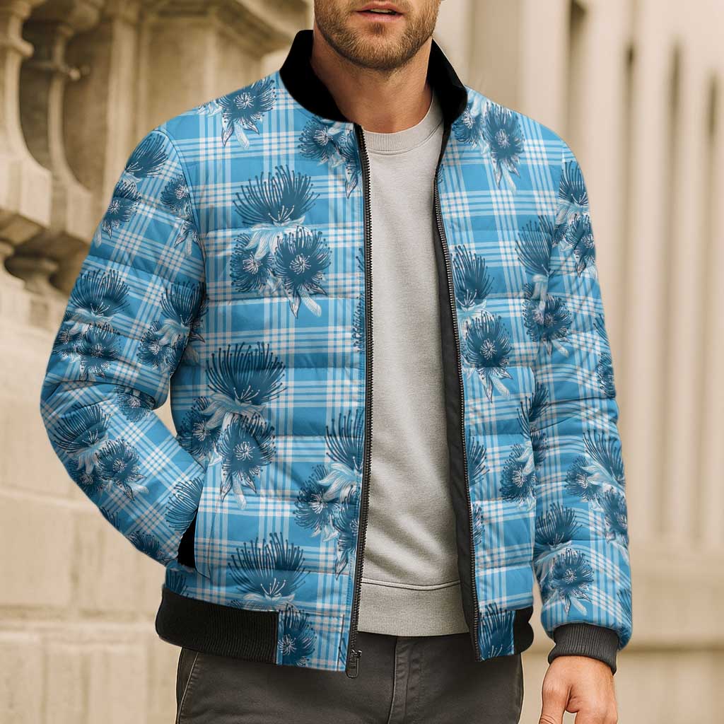 Blue Palaka Hawaii Bomber Puffer Jacket Hawaiian Lehua Blossoms LT05 - Polynesian Pride