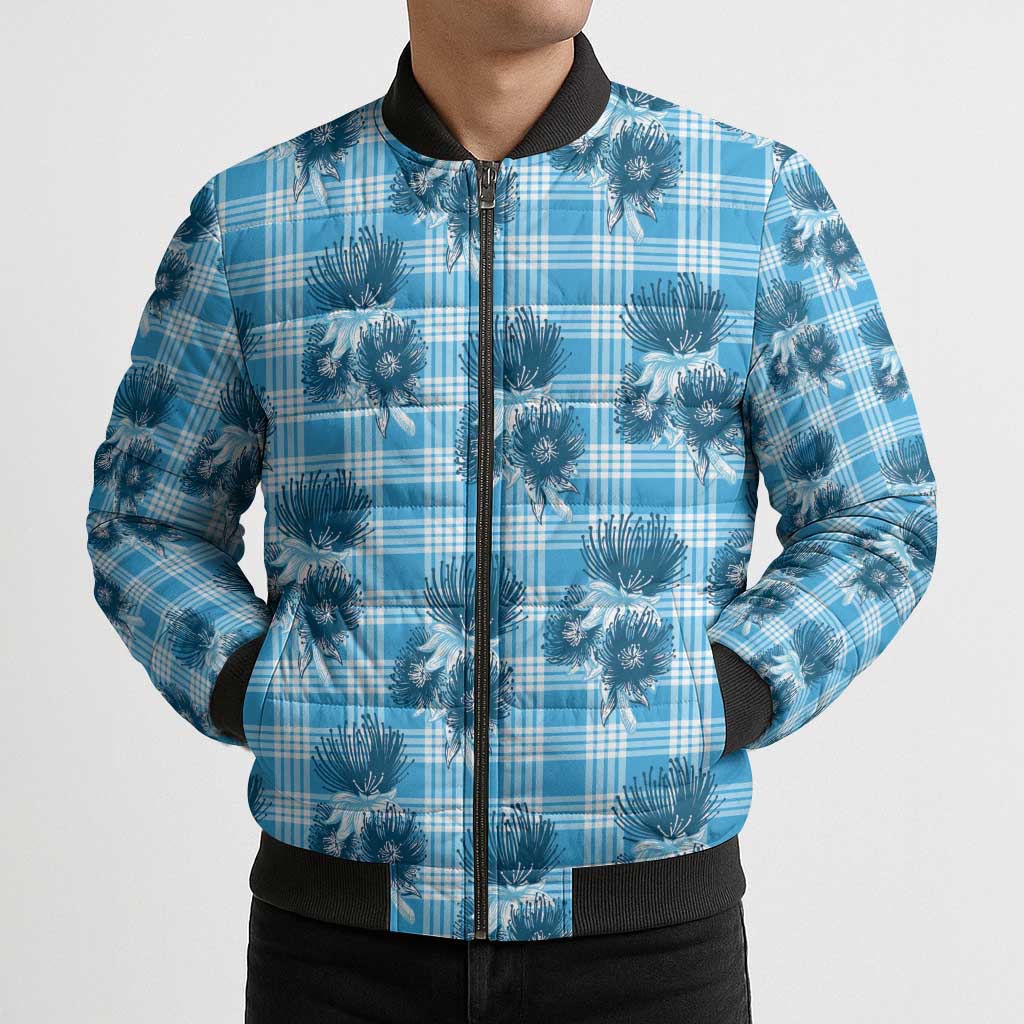 Blue Palaka Hawaii Bomber Puffer Jacket Hawaiian Lehua Blossoms LT05 - Polynesian Pride