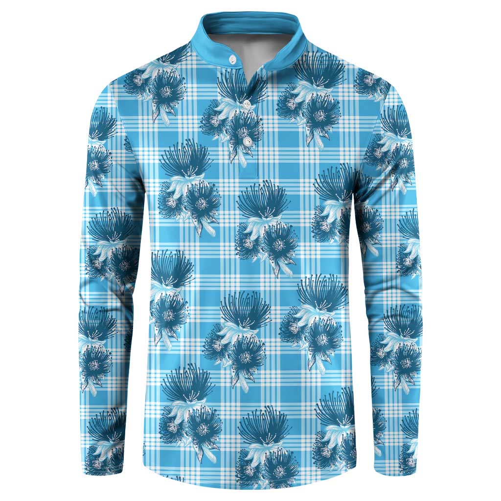 Blue Palaka Hawaii Button Sweatshirt Hawaiian Lehua Blossoms LT05 Blue - Polynesian Pride