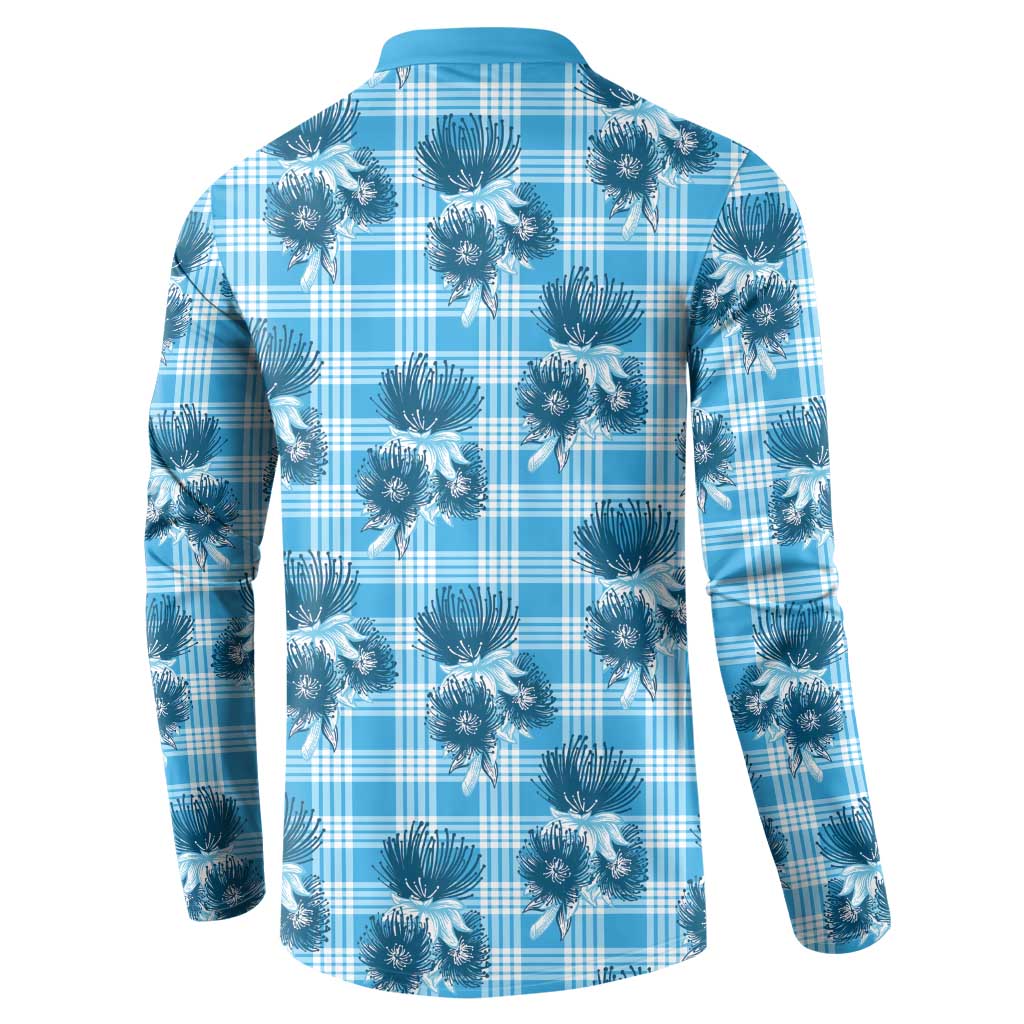 Blue Palaka Hawaii Button Sweatshirt Hawaiian Lehua Blossoms LT05 - Polynesian Pride