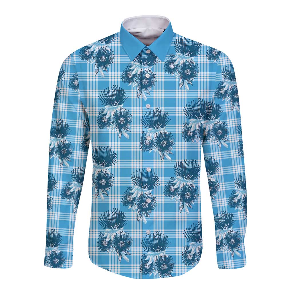 Blue Palaka Hawaii Long Sleeve Button Shirt Hawaiian Lehua Blossoms LT05 Unisex Blue - Polynesian Pride