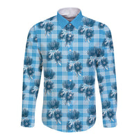 Blue Palaka Hawaii Long Sleeve Button Shirt Hawaiian Lehua Blossoms LT05 Unisex Blue - Polynesian Pride