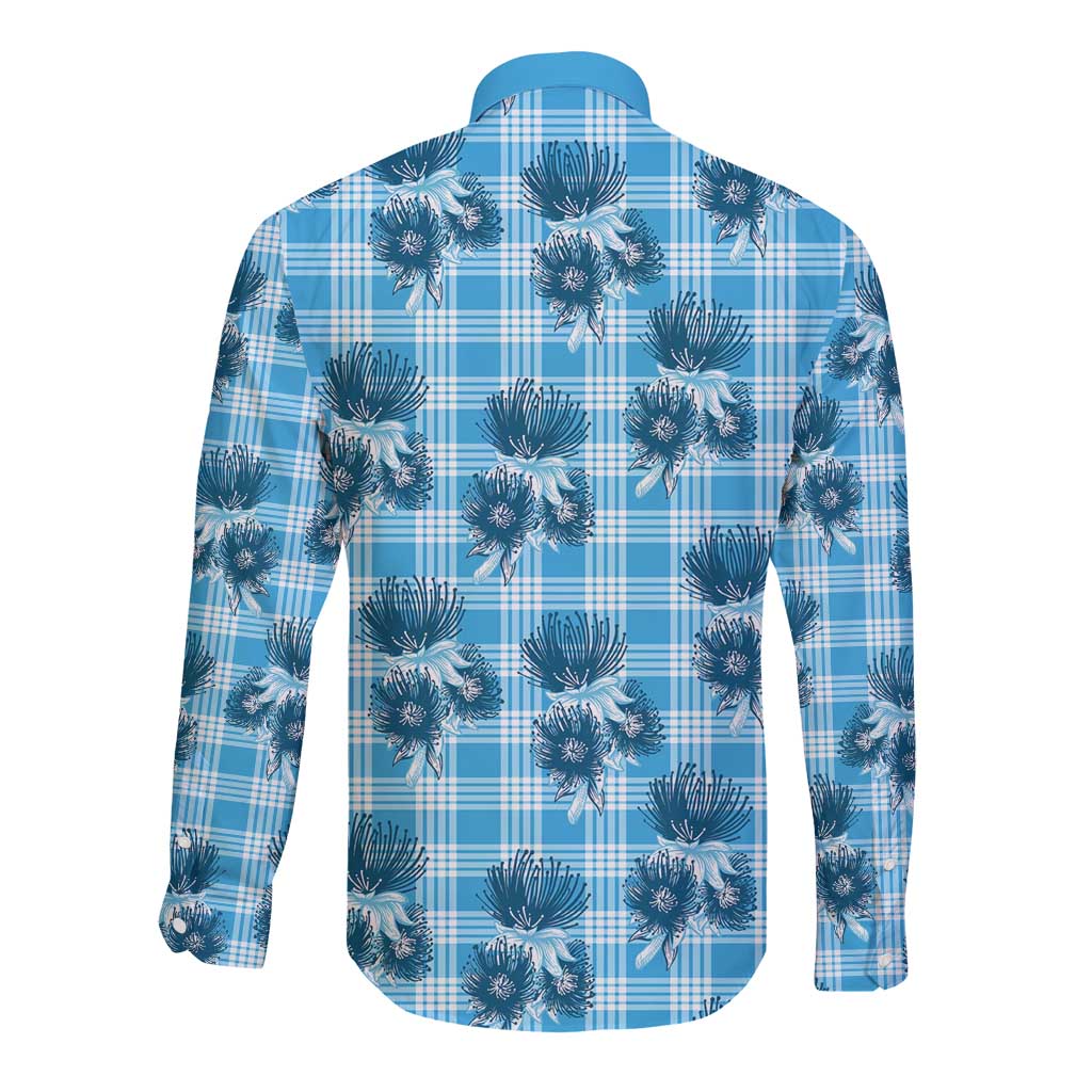 Blue Palaka Hawaii Long Sleeve Button Shirt Hawaiian Lehua Blossoms LT05 - Polynesian Pride
