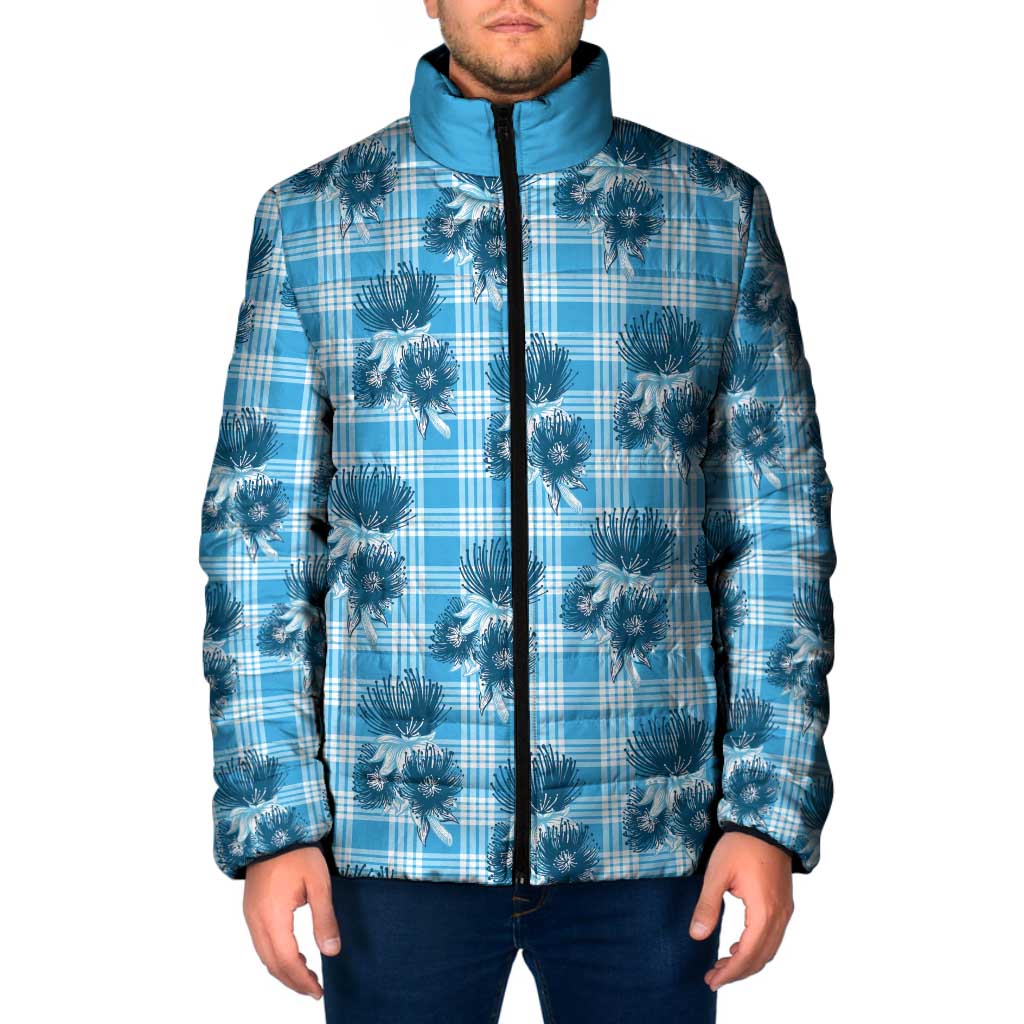 Blue Palaka Hawaii Padded Jacket Hawaiian Lehua Blossoms LT05 Men Blue - Polynesian Pride