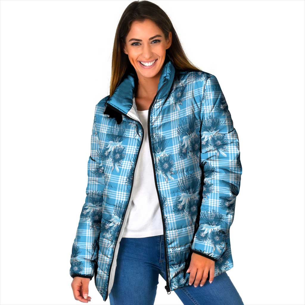 Blue Palaka Hawaii Padded Jacket Hawaiian Lehua Blossoms LT05 Women Blue - Polynesian Pride