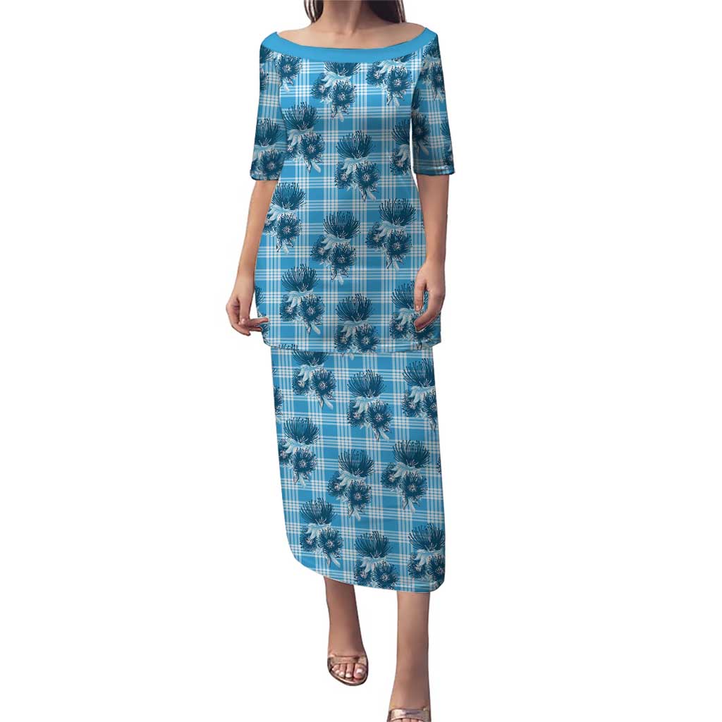Blue Palaka Hawaii Puletasi Hawaiian Lehua Blossoms LT05 Long Dress Blue - Polynesian Pride