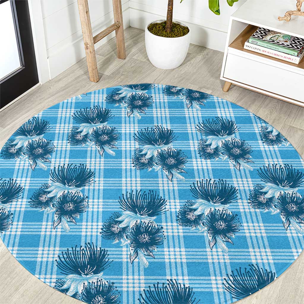 Blue Palaka Hawaii Round Carpet Hawaiian Lehua Blossoms LT05 Blue - Polynesian Pride