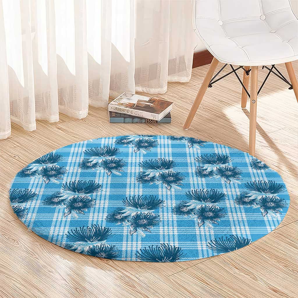 Blue Palaka Hawaii Round Carpet Hawaiian Lehua Blossoms LT05 - Polynesian Pride