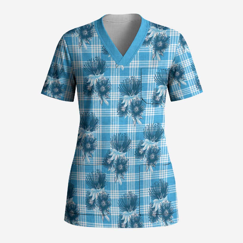 Blue Palaka Hawaii Scrub Top Hawaiian Lehua Blossoms LT05 Adult Blue - Polynesian Pride