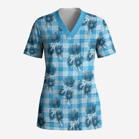 Blue Palaka Hawaii Scrub Top Hawaiian Lehua Blossoms LT05 Adult Blue - Polynesian Pride