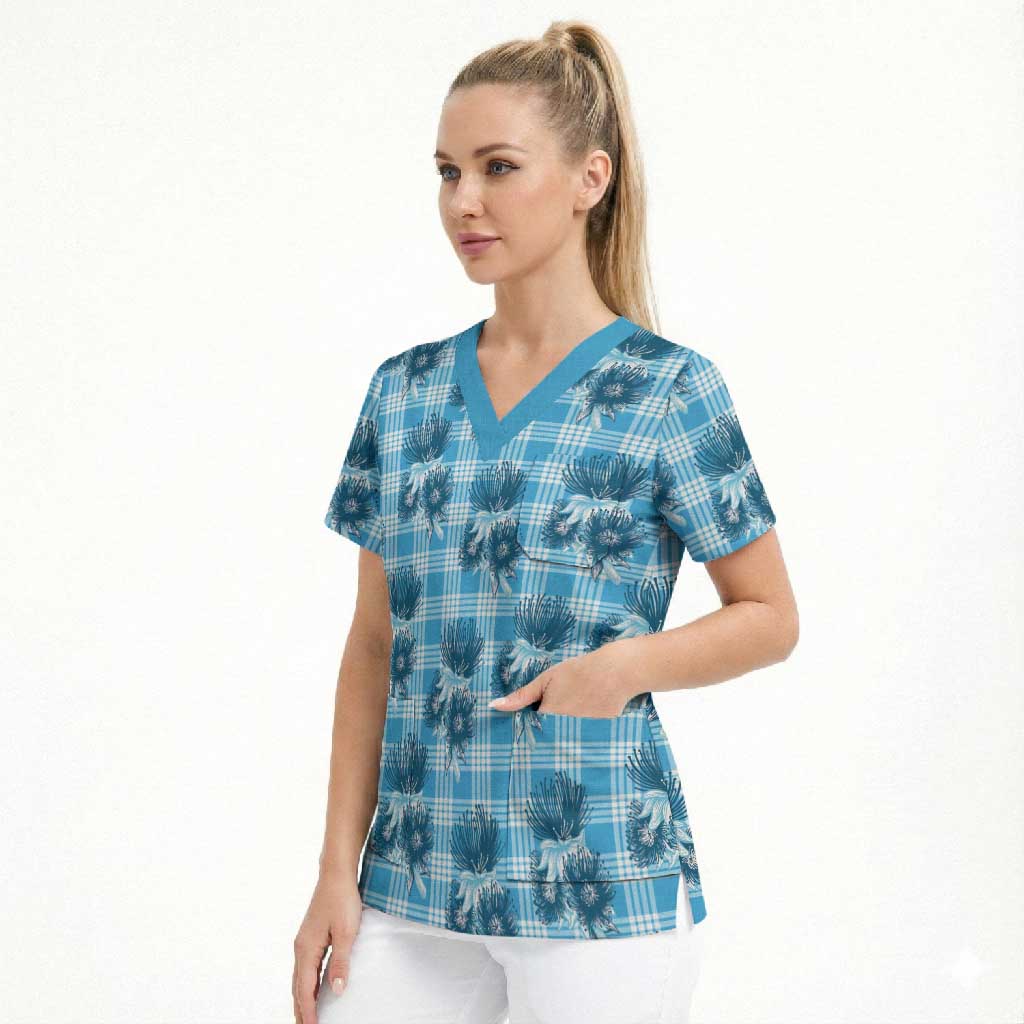 Blue Palaka Hawaii Scrub Top Hawaiian Lehua Blossoms LT05 - Polynesian Pride