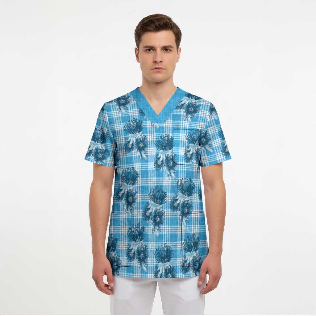 Blue Palaka Hawaii Scrub Top Hawaiian Lehua Blossoms LT05 - Polynesian Pride