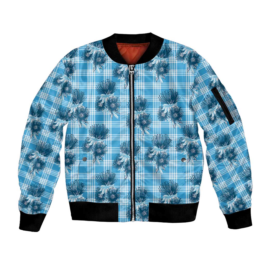Blue Palaka Hawaii Sleeve Zip Bomber Jacket Hawaiian Lehua Blossoms LT05 Unisex Blue - Polynesian Pride